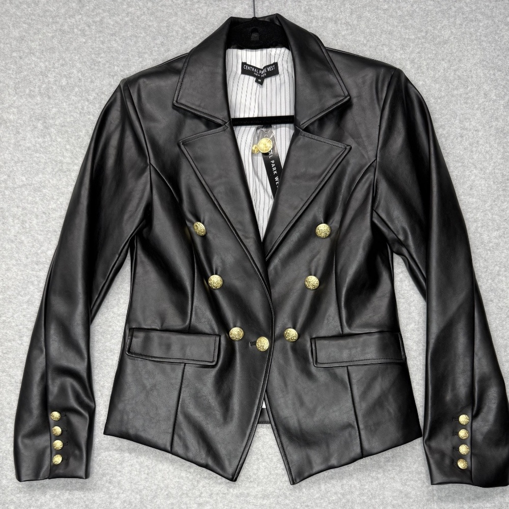 Central Park West NICO faux leather black blazer double breasted gold butt Med